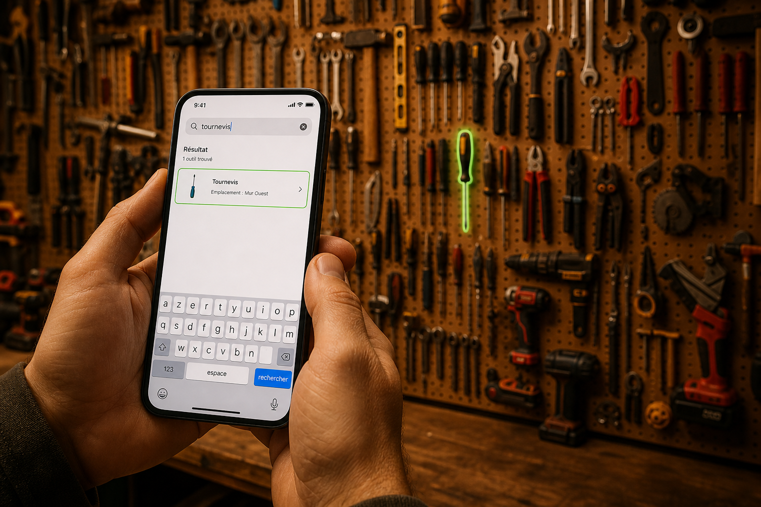 Recherche d'un tournevis sur iPhone dans un atelier, l'outil est mis en évidence sur l'établi